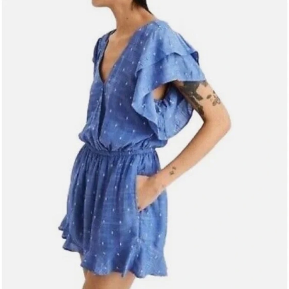American Eagle Denim Clip Dot Blue Ruffle Romper Size Extra Large NWT